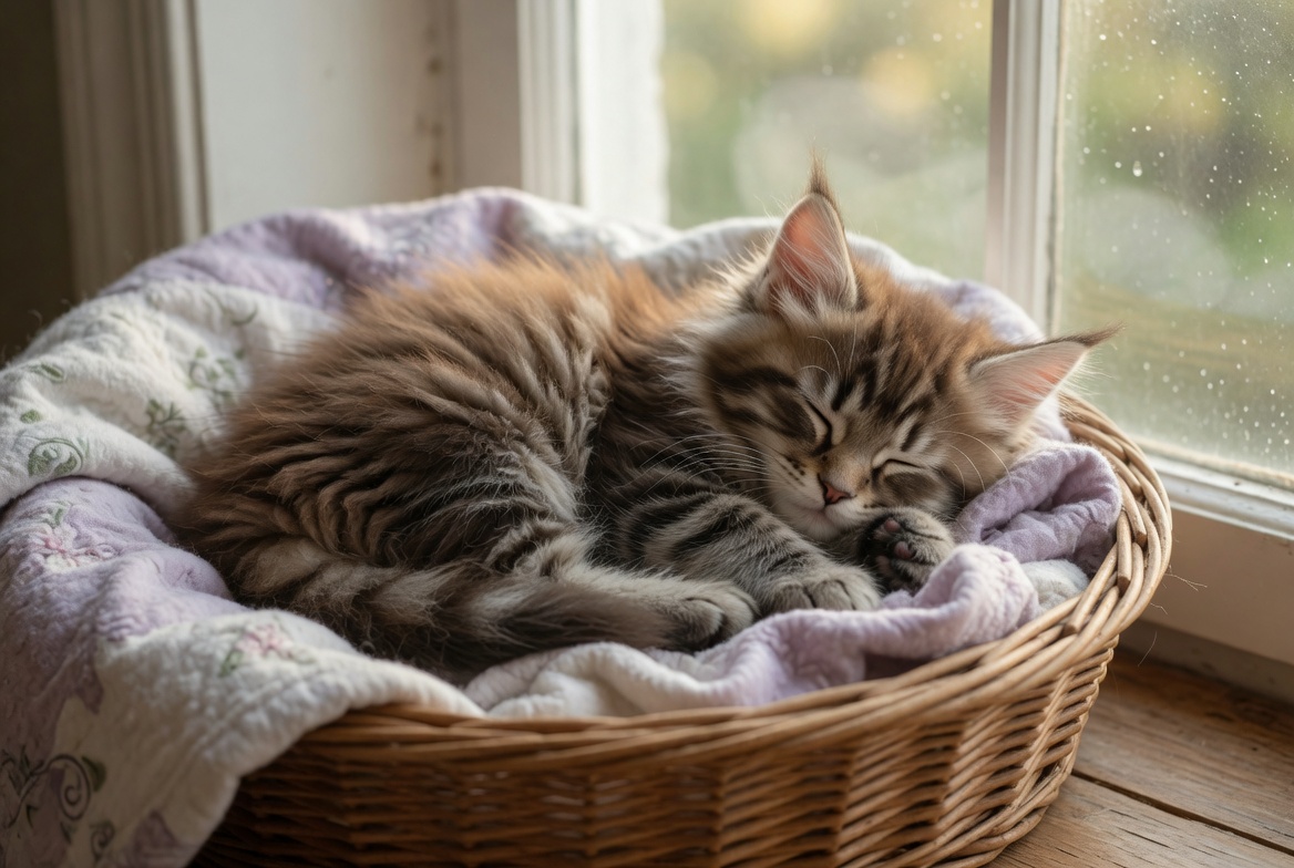 Silver Smoke Maine Coon kitten Willow sleeping in a basket